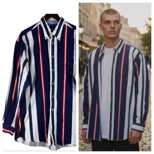 Vintage 90s Y2K Nautica Mens XL Shirt Button Down Striped Blue White Vibrant